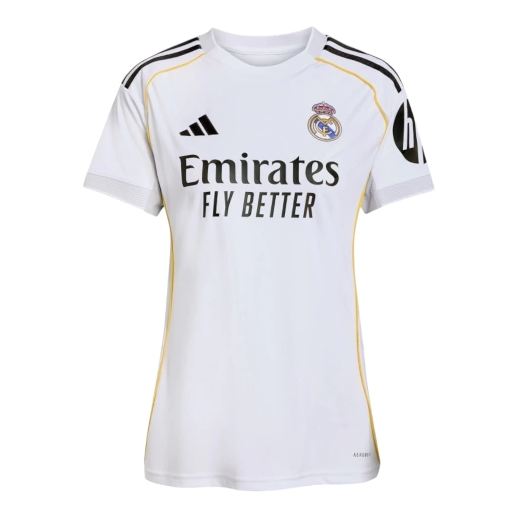 Camisa Real de Madrid I 25/26 - Torcedor Adidas Feminina - Branca com detalhes em cinza e amarelo