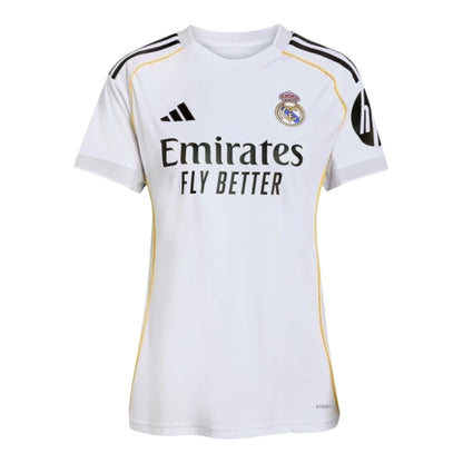 Camisa Real de Madrid I 25/26 - Torcedor Adidas Feminina - Branca com detalhes em cinza e amarelo